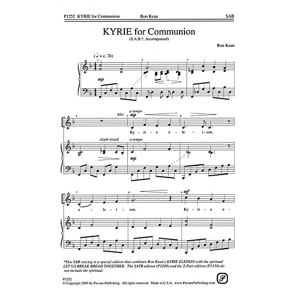 Pavane Kyrie for Communion SAB composed by Ron Kean