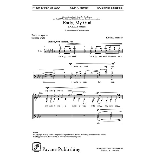 Pavane Early, My God SATB a cappella composed by Kevin Memley