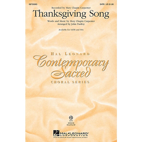 Hal Leonard Thanksgiving Song SATB by Mary Chapin Carpenter arranged by John Purifoy