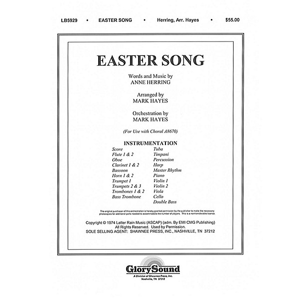 Shawnee Press Easter Song (Orchestration) ORCHESTRA ACCOMPANIMENT arranged by Mark Hayes