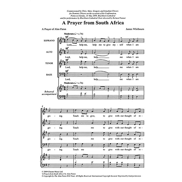 Chester Music A Prayer from South Africa (A Prayer of Alan Paton) SATB Composed by James Whitbourn