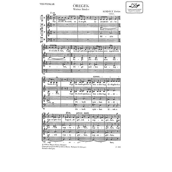 Editio Musica Budapest Oregek (The Aged) SATB Composed by Zoltán Kodály