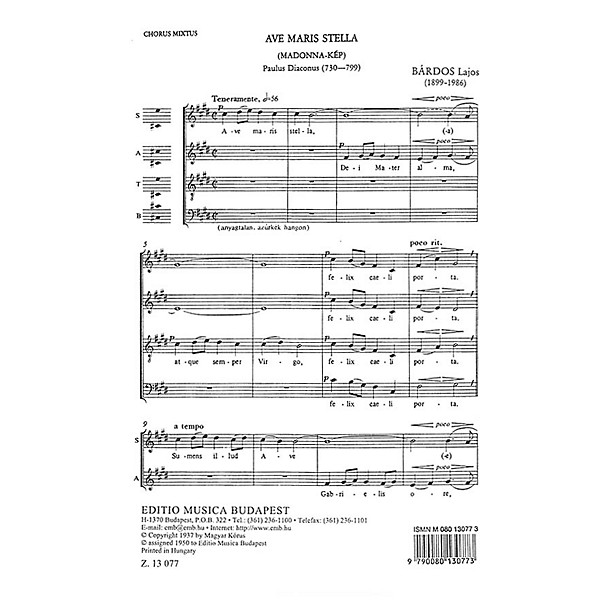 Editio Musica Budapest Ave Maria Stella SATB Composed by Lajos Bárdos