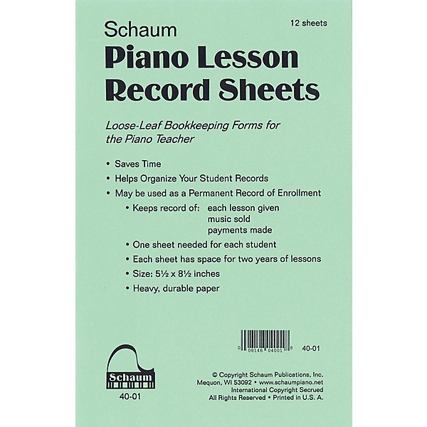 SCHAUM Piano Lesson Record Sheets Educational Piano Series Softcover