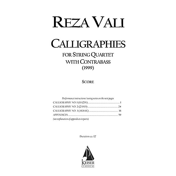 Lauren Keiser Music Publishing Calligraphies (String Quintet) LKM Music Series Composed by Reza Vali