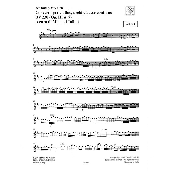 Ricordi Concerto D Major, RV 230, Op. III, No. 9 String Orchestra Series Softcover Composed by Antonio Vivaldi
