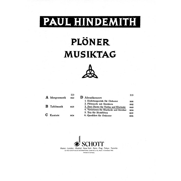 Schott Plöner Musiktag - The Evening Concert (Performance Score) Schott Series Composed by Paul Hindemith