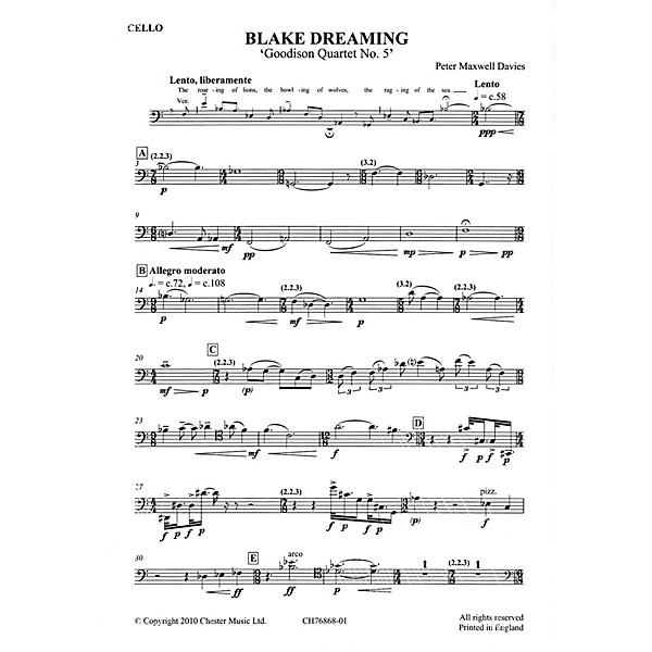 Chester Music Blake Dreaming 'Goodison Quartet No. 5' Music Sales America Series  by Peter Maxwell Davies