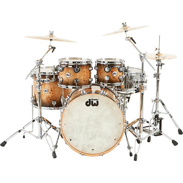 DW SSC Collector's Series 4-Piece Exotic Maple Shell Pack With 22" Bass Drum and Chrome Hardware Quick Candy Burst Mappa Burl