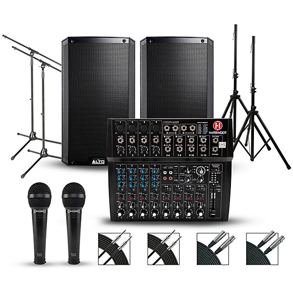 Harbinger Complete PA Package with Harbinger L1202FX 12-channel Mixer and Alto Truesonic 2 Series Active Speakers 12" Mains