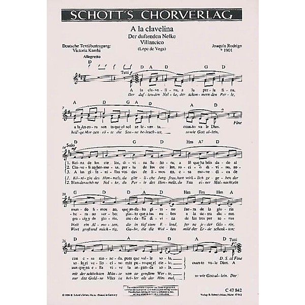 Schott A La Clavelina Composed by Joaquín Rodrigo