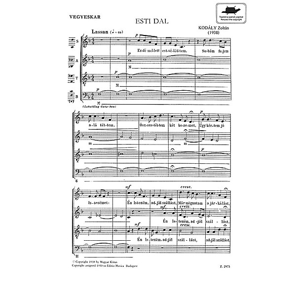 Editio Musica Budapest Evening Song Satb Esti Dal (SATB Hungarian Text) Composed by Zoltán Kodály