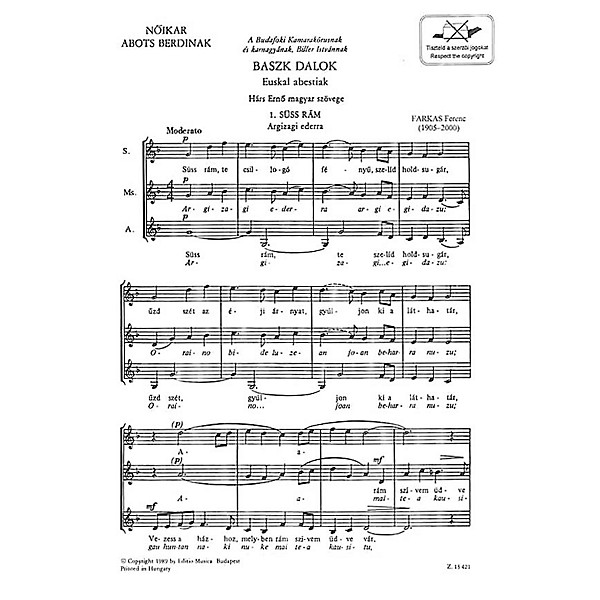 Editio Musica Budapest Baszk Dalok SSA Composed by Ferenc Farkas