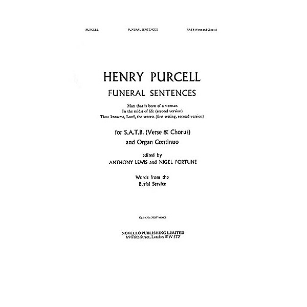 Novello Funeral Sentences SATB, Organ Composed by Henry Purcell