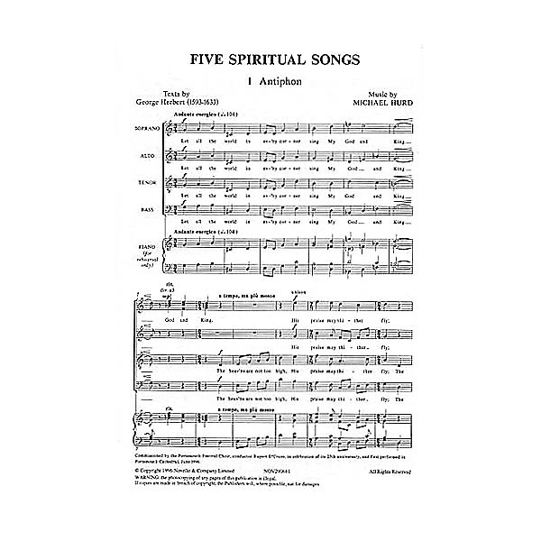 Novello Five Spiritual Songs SATB Composed by Michael Hurd