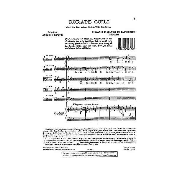 Chester Music Rorate Coeli SSATB Composed by Giovanni de Palestrina