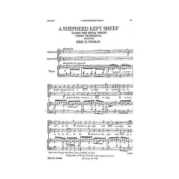 Novello A Shepherd Kept Sheep SS Composed by Eric Thiman