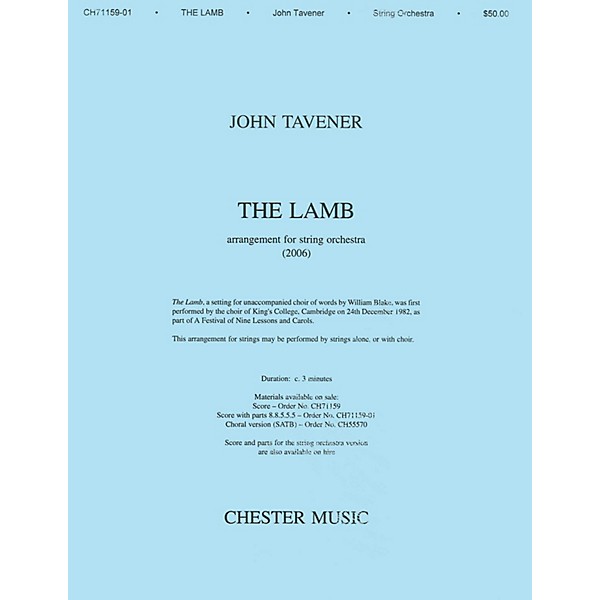 Music Sales John Tavener: The Lamb (String Orchestra Version) Score SATB