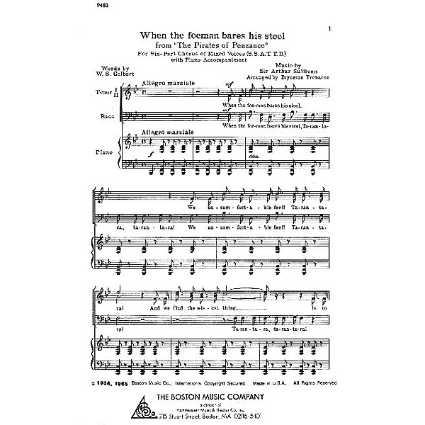 Boston Music When the Foeman Bares His Steel SSATTB Composed by Sir Arthur Sullivan
