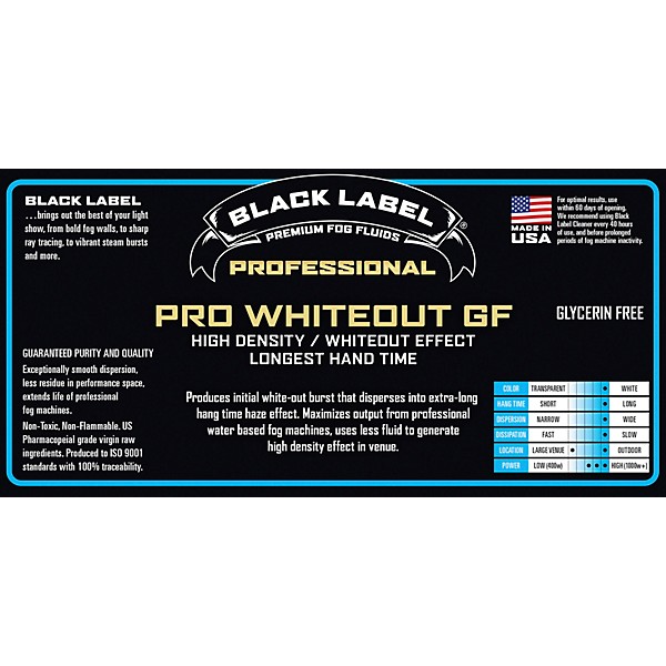 Black Label Pro WhiteoutGF 55 gal. Heavy Density, White-Out Effect, Longest Hang Time, Glycerin Free Fog Fluid Loading Dock