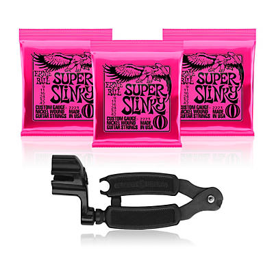 Ernie Ball 2223 Super Slinky Custom Electric Guitar Strings 3 Pack With Pro-Winder String Cutter/Winder for sale