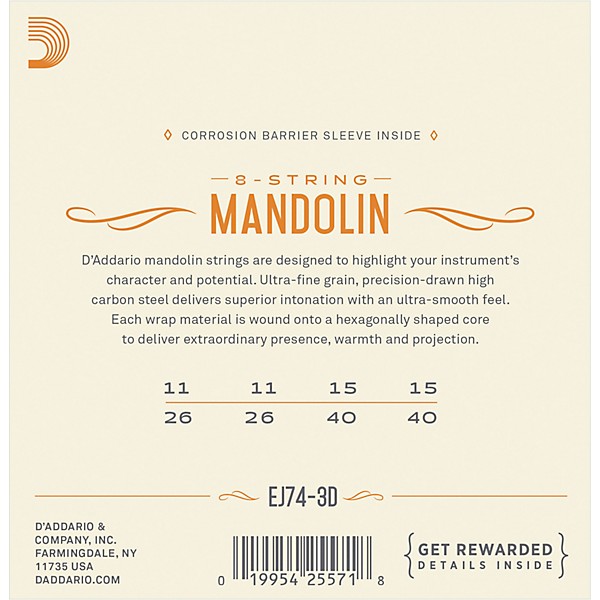 D'Addario EJ74-3D Phosphor Bronze Medium Mandolin Strings, 11-40 (3 Pack)