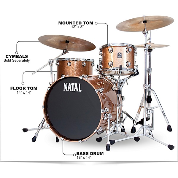 Natal Drums Cafe Racer Traditional Jazz 3-Piece Shell Pack With 18" Bass Drum Champagne Sparkle