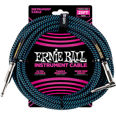 Ernie Ball 25 Ft Straight To Angle Instrument Cable  Neon Blue/Black for sale