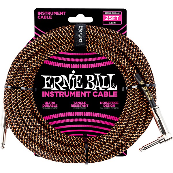 Ernie Ball 25 FT Straight to Angle Instrument Cable Neon Orange/Black