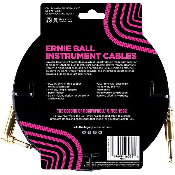 Ernie Ball 25 FT Straight to Angle Instrument Cable Black/Black