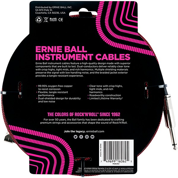 Open Box Ernie Ball 25 FT Straight to Angle Instrument Cable Level 1  Red/Black