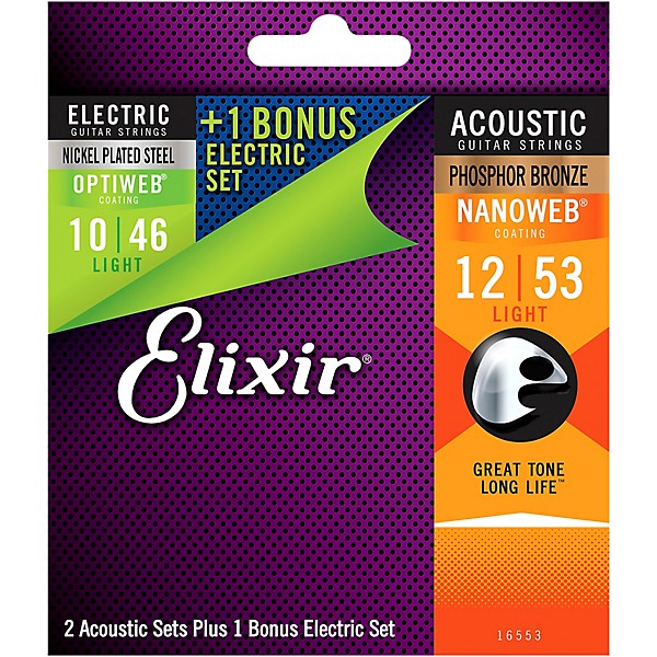 Elixir BONUS PACK! Nanoweb Phosphor Bronze Light Acoustic and OPTIWEB Nickel-Plated Steel Electric Combo Pack