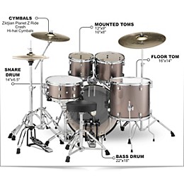 Pearl Roadshow Complete 5-Piece Drum Set with Hardware and Zildjian Planet Z Cymbals Bronze Metallic