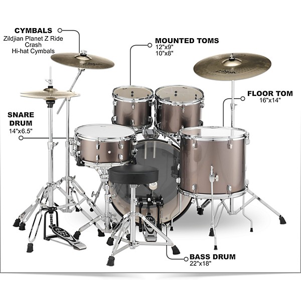 Pearl Roadshow Complete 5-Piece Drum Set with Hardware and Zildjian Planet Z Cymbals Bronze Metallic