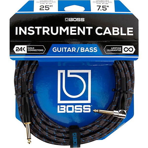 BOSS BIC-25A 7.5 m Instrument Cable, Angled/Straight 1/4" Jack 25 ft. Black