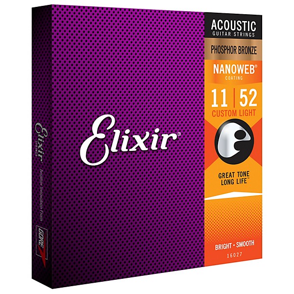 Elixir Phosphor Bronze Acoustic Guitar Strings with NANOWEB Coating, Custom Light (11-52) 2-Pack