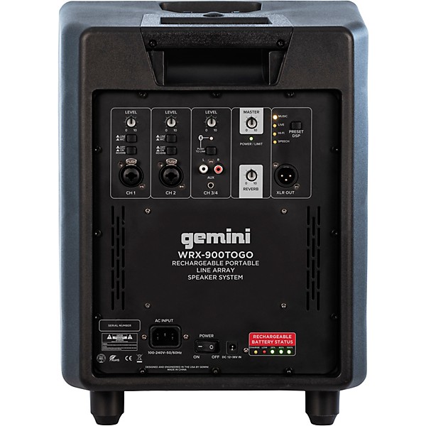 Gemini WRX-900TOGO Powered Column-Style Line Array PA System With Rechargeable Battery