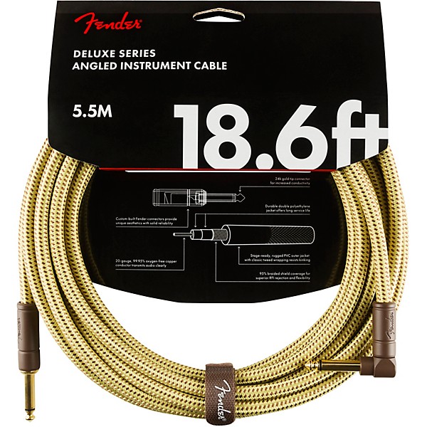 Fender Deluxe Series Straight to Angle Instrument Cable 18.6 ft. Yellow Tweed