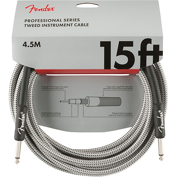 Fender Professional Series Straight to Straight Instrument Cable 15 ft. White Tweed