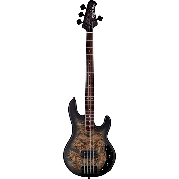 Sterling by Music Man StingRay Ray34 Burl Top Rosewood Fingerboard Electric Bass Transparent Black Satin