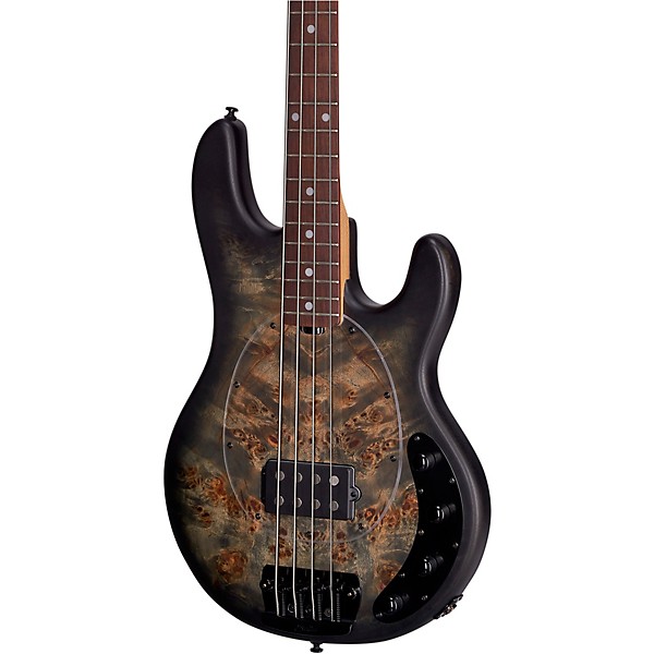 Sterling by Music Man StingRay Ray34 Burl Top Rosewood Fingerboard Electric Bass Transparent Black Satin