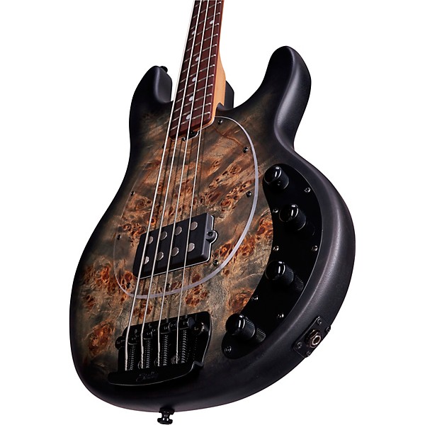 Sterling by Music Man StingRay Ray34 Burl Top Rosewood Fingerboard Electric Bass Transparent Black Satin