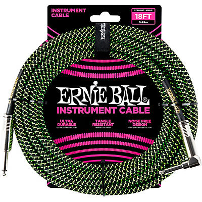 Ernie Ball 18' Straight To Angle Braided Instrument Cable  Black And Green for sale