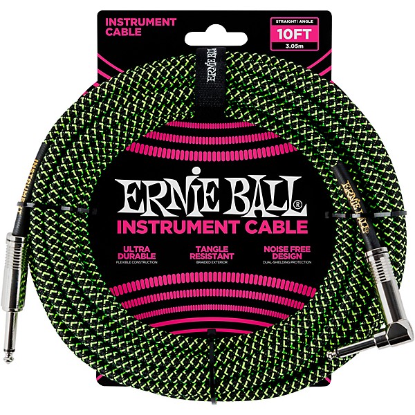 Ernie Ball 10' Straight to Angle Braided Instrument Cable Black and Green