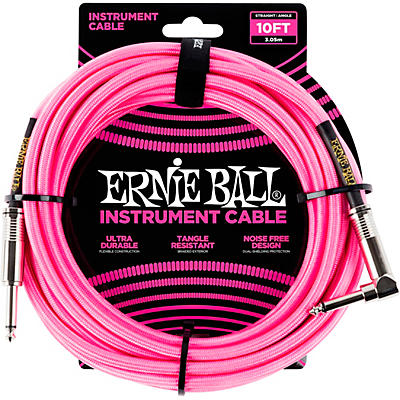 Ernie Ball 10' Straight To Angle Braided Instrument Cable  Neon Pink for sale