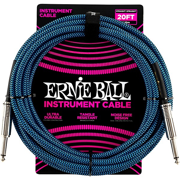 Ernie Ball Woven Straight/Straight Nickel-Plated 1/4" Instrument Cable 20 ft. Black/Blue