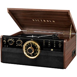 Open Box Victrola 6-in-1 Wood Empire Mid Century Modern Bluetooth Record Player with 3-Speed Turntable, CD, Cassette Player and Radio Level 1 Espresso