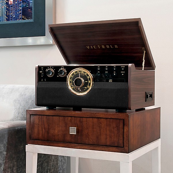 Open Box Victrola 6-in-1 Wood Empire Mid Century Modern Bluetooth Record Player with 3-Speed Turntable, CD, Cassette Playe...