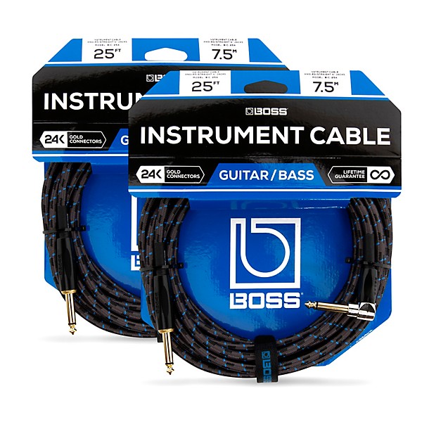 BOSS BIC-25A Angled to Straight Instrument Cable, 25' 2-Pack