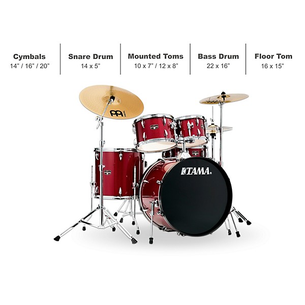 TAMA Imperialstar 5-Piece Complete Drum Set With 22" Bass Drum and MEINL HCS Cymbals Candy Apple Mist